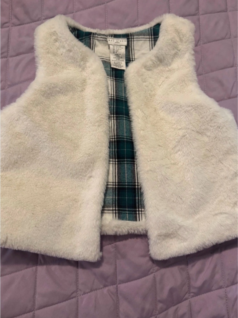 Max Studio Cream Faux Fur Vest with Green Plaid Lining